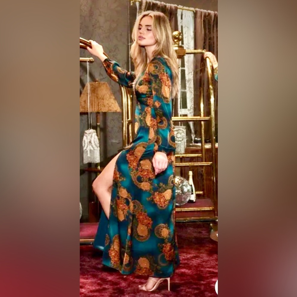 12th Tribe Gizelle Long Sleeve Plunging V-Neck Maxi Dress in Satiny Teal & Gold - Picture 8 of 11